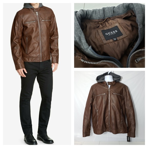 guess men's faux leather hooded moto jacket